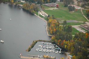 Aerial view of Deep River's waterfront, marina and Mackenzie Community School courtesy of Bill Seddon.